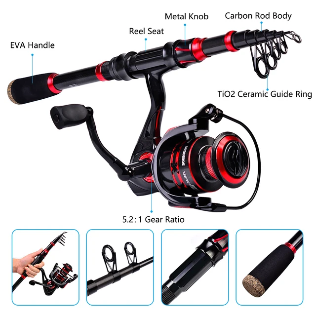 Proberos Telescopic Rod & Reel Kit 5.2:1 Gear Ratio Spinning Reel 2.1m Carbon  Fiber Fishing Rod Combo Bag Line Baits Hooks Set - AliExpress