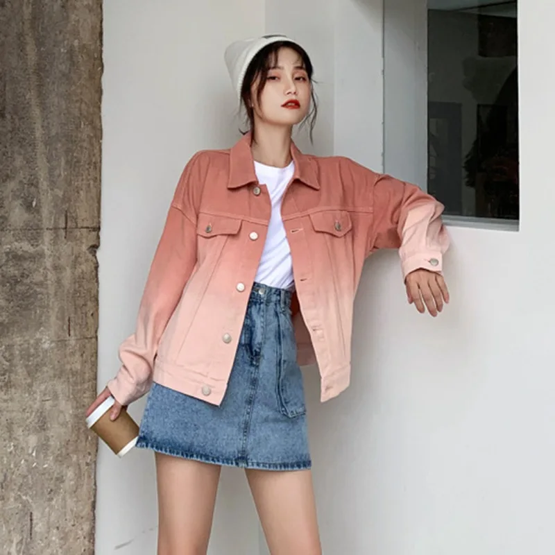 

2019 Autumn New Style Korean-style WOMEN'S Wear Embroidered Denim Long-sleeved Tops Loose-Fit Slimming Gradient Color Jeans Coat