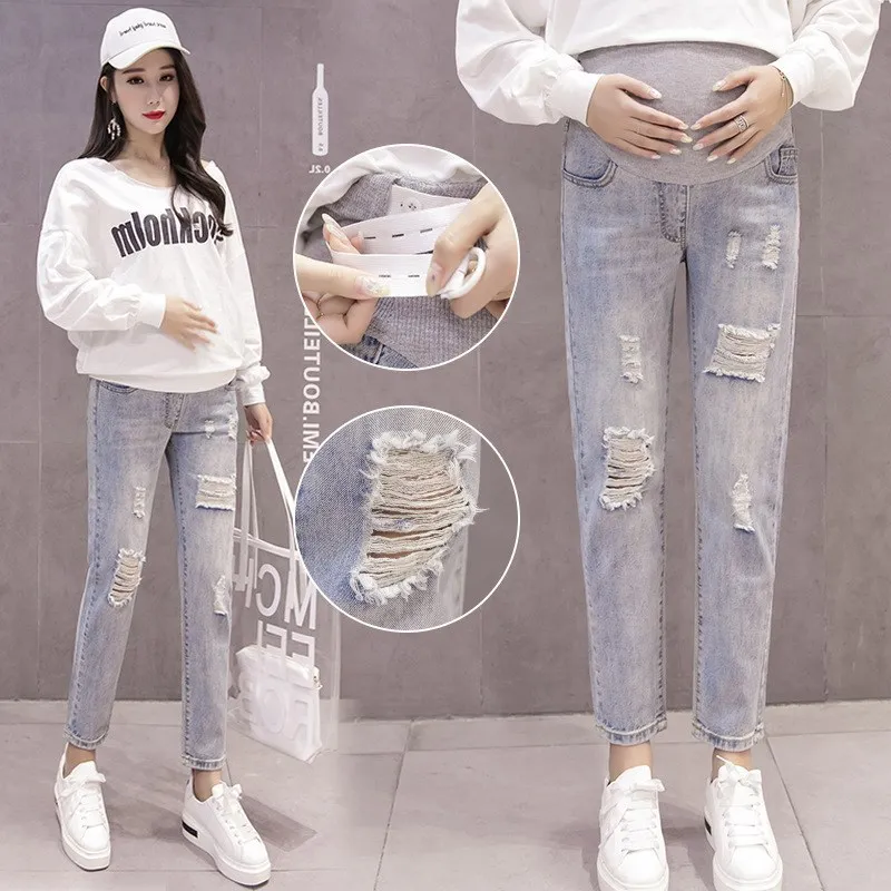 

Summer Thin Section Outer Wear 2019 Fashion Capri Pants Sub-Outer Wear Thin with Holes Maternity Jeans Large Size Pants