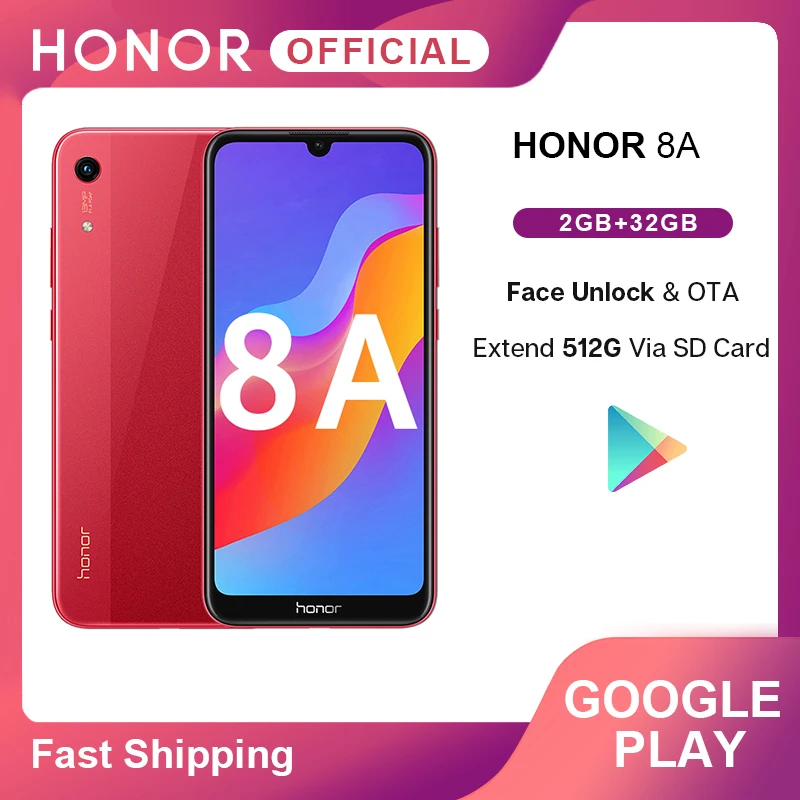 Смартфон Honor 8A с глобальной ПЗУ 3 ГБ ОЗУ 32 ГБ/64 Гб Android 9 0 Восьмиядерный Face ID 6 09 ''