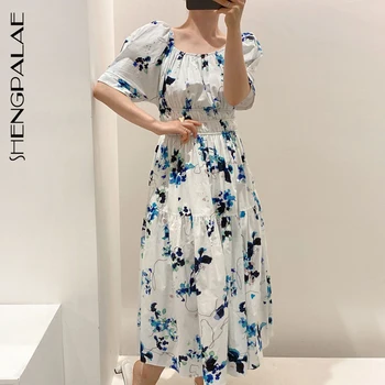 

SHENGPALAE 2020 New Summer Women Vintage Loose High Waist Slim Was Thin Elegant Ink Printing Puff Sleeve Maxi Dress ZA4785