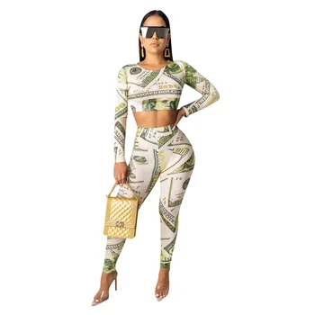 

Autumn Winter Women Two Piece Set Top and Pants Plus Size Tracksuit Sweatsuit Outfit Dollars Print Active Sets