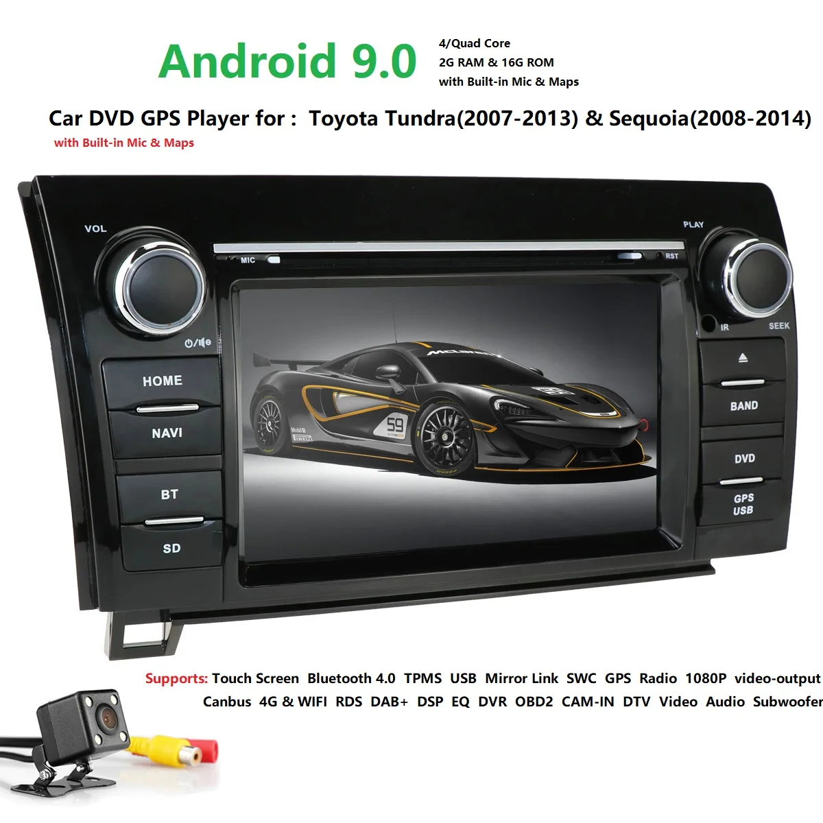 Best Android 9.0 Car DVD Player For Toyota Tundra 2007-2013/ Sequoia Stereo GPS DAB+SWC RDS DVR DVBT BT 4GWIFI CAM MAP QuadCore 2GRAM 4