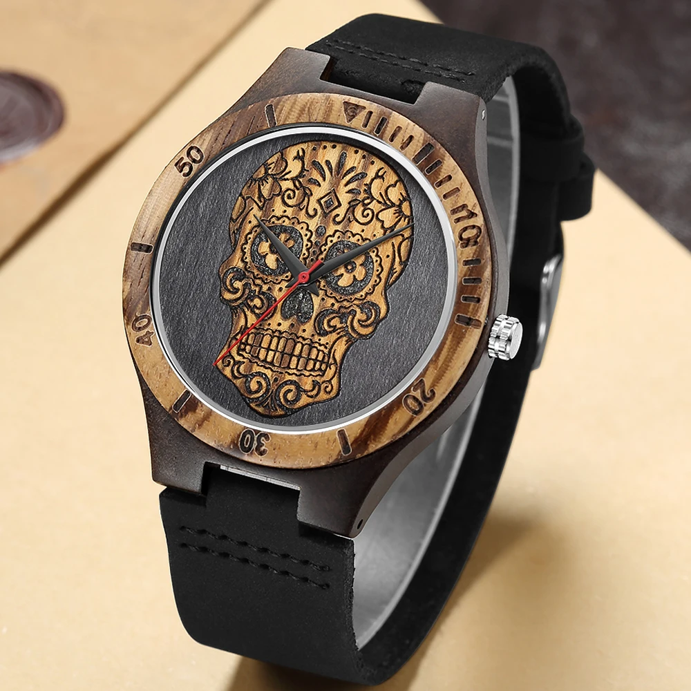 Men's Watches Wristwatch Creative 3D Skull Quartz Wood Watch Quartz Wrist Watch Halloween Clock Gifts Relogio Masculino