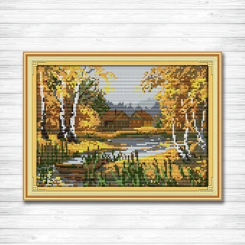 

Birches stream Scenery 11CT printing on canvas DMC 14CT Cross Stitch kit all embroidery needlework Sets autumn Scenic Home Decor
