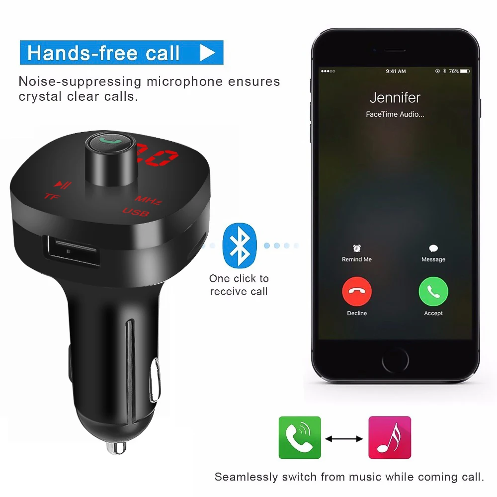 

Bluetooth Car Kit Handsfree USB AUX Wireless FM Transmitter 4.1A Dual USB Phone Fast Charger Car Cigarette Plug TF Card USB AUX