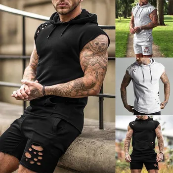

Men Fitness Pure Hole Sport Hooded Vest Tops Elastic Short Pants Two Piece Sets 2020 Tide Brand Tshirt Suits Gyms Fitness Sports