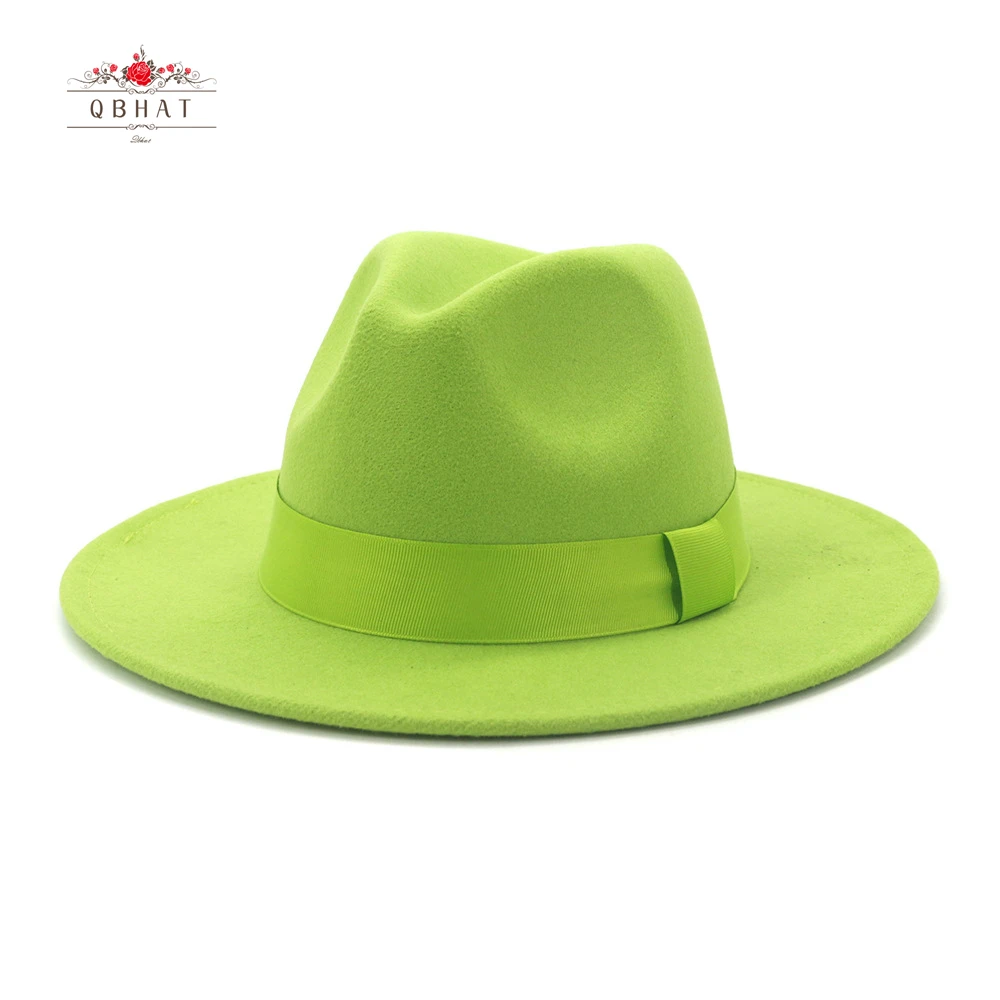 stetson trilby QBHAT Lime Green Solid Color Wool Felt Jazz Fedora Hats with Ribbon Band Women Men Wide Brim Panama Party Trilby Wedding Hat brixton messer