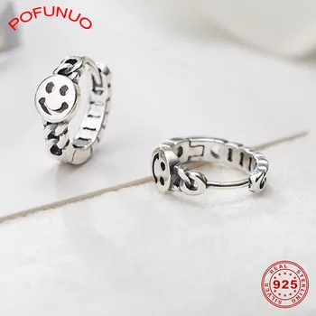 

POFUNUO 925 Sterling Silver Smiling Face Ear Clips Vintage Classic Students Lovely Earring Hooks Girls Stylish Fine Jewelry Gift