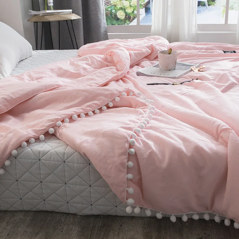 

Summer throw Quilts fresh pink patchwork quilt stitching small balls duvet 1pc soft bedspread solid bed cover pastoral bed linen