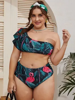 

Plus Size High Waist Bikini Ruffled Bathing Suit Women One Shoulder Swimsuit Plus Size Swimwear Swimming Suit Sexy Bikini 2020