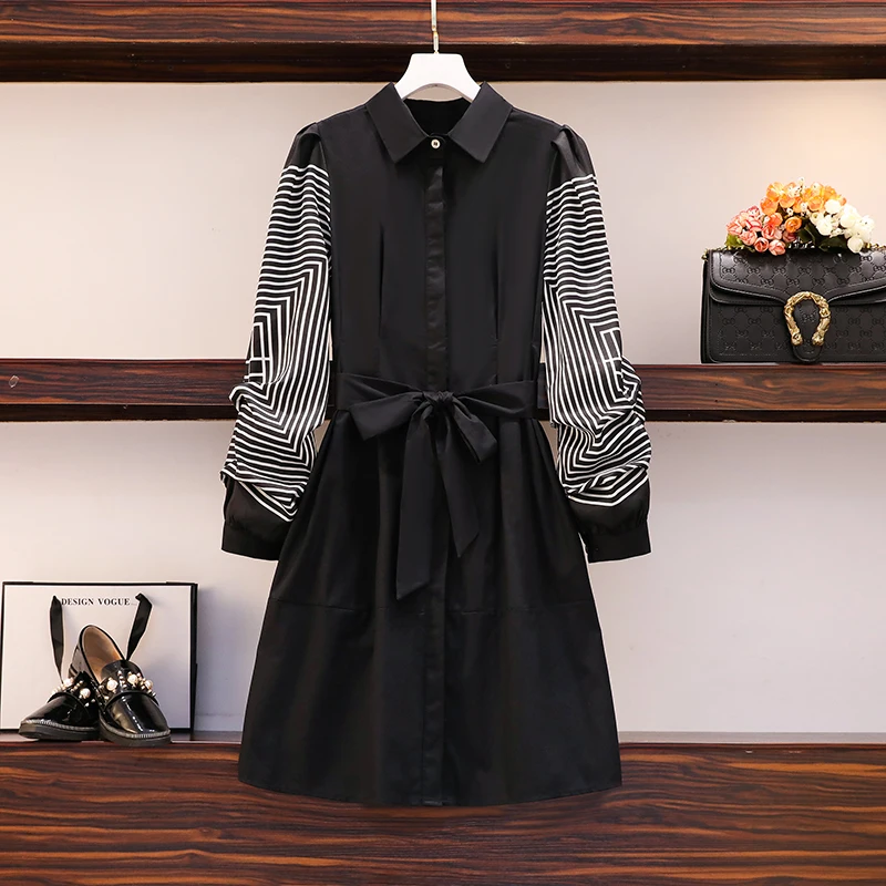 

Plus Size Women's Dress Striped 2020 Fall New Patchwork Bow Korean Japan Fashion Bandage Shirt Dress Vestidos Female GX1233