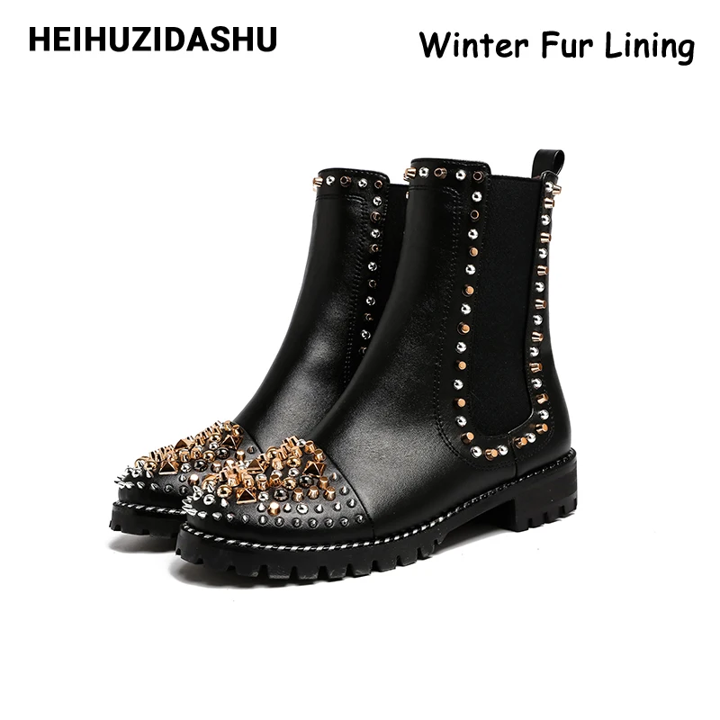 Black Plush Lining Роскошные блестящие ботинки «Челси»; Для женщин золотистый, серебристый, металлический заклепки ботинки «мартенс» модные брендовые зимние ботинки на плоской подошве, с плюшевой подкладкой Женские ботинки - Цвет: Black Plush Lining