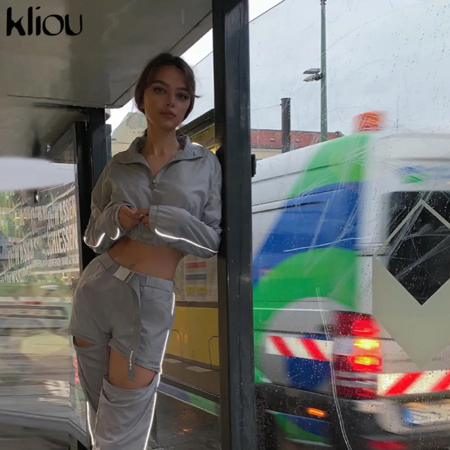 

Kliou long sleeve pullovers hoodies turn-down collar Women Top zipper Drawstring Reflective strip Loose Cropped Sweatshirt