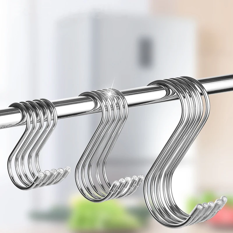 10PCS-304-Stainless-steel-Practical-Hooks-S-Shape-Kitchen-Railing-S-Hanger-Hook-For-Hanging-Clothes.jpg 10Db 304 Rozsdamentes Acél Gyakorlati Horgok S Forma Konyha Korlát Fogashorog A Ruhák Lógására Kézitáska Radiátor Sínhorog - Image 2
