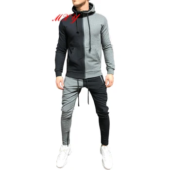 

Men's 3-color Stitching Running Sports Suit Color Stitching Set Zipper with Hat Fitness Outdoor Cotton Hooded Negroke Men