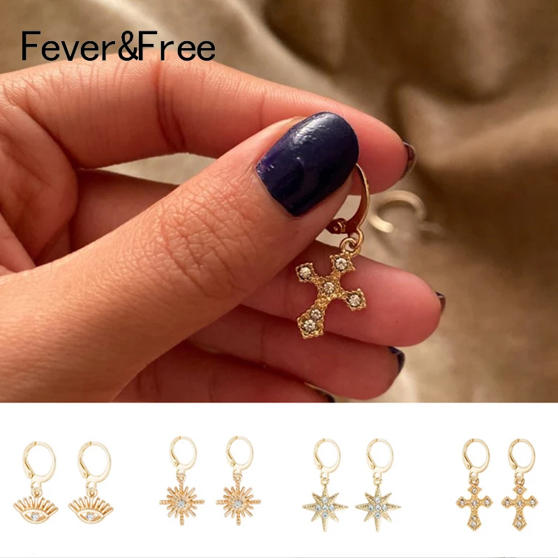 Женские корейские серьги подвески Fever & Free роскошные золотые с крестиком и