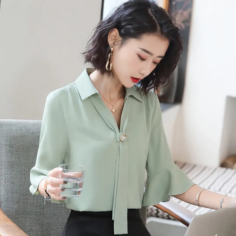Korean Silk Women Blouses Woman Satin Blouse Tops Plus Size Blusas Mujer De Moda 2020 Women V Neck Soild Shirt Top Camisas Mujer