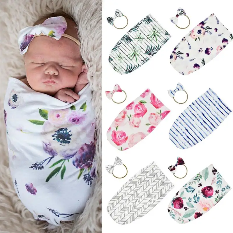 Stretch Baby Sleeping Bag Type Two-piece Bow And Hair Band Cotton Swaddling Kid Girl Bedding Dropshipping | Мать и ребенок