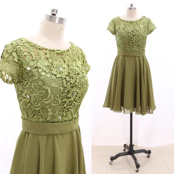 

MACloth Olive Green Short O Neck Knee-Length Short Crystal Chiffon Prom Dresses Dress L 267305 Clearance