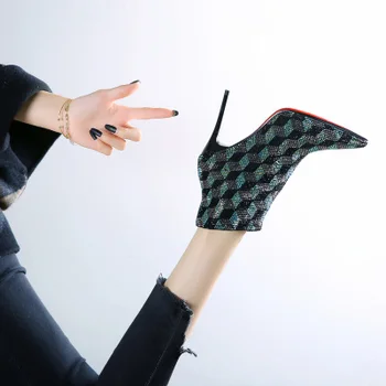

Sexy color matching rhinestone net red booties female 2019 winter boots new pointed Martin boots high heel cotton shoes