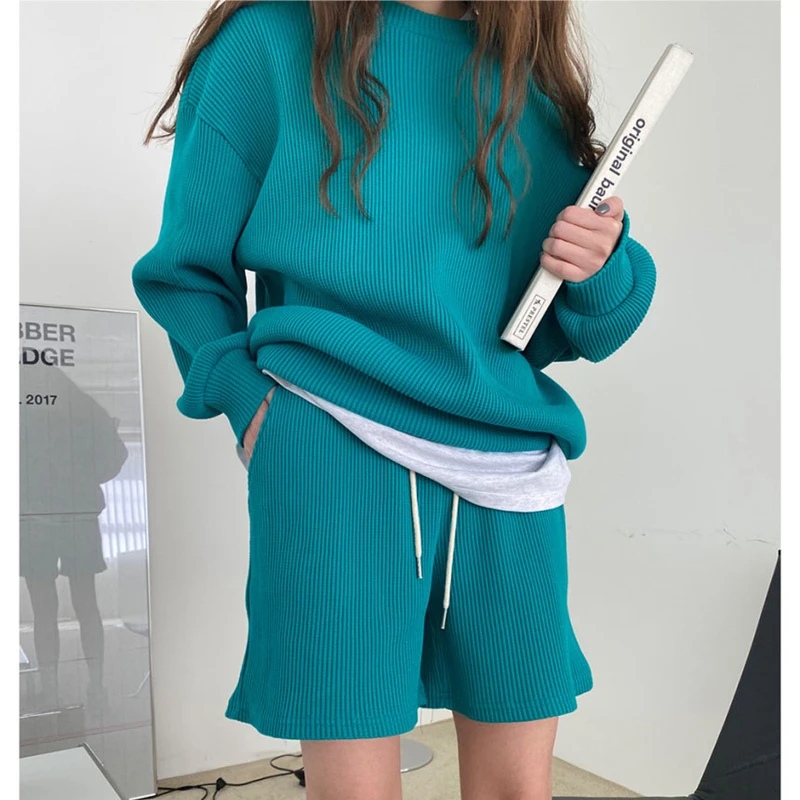 Casual Women Two-piece Suit Outfits 2021 Solid Home Loose Drawstring Shorts 2 Piece Sets Sports Tracksuit |