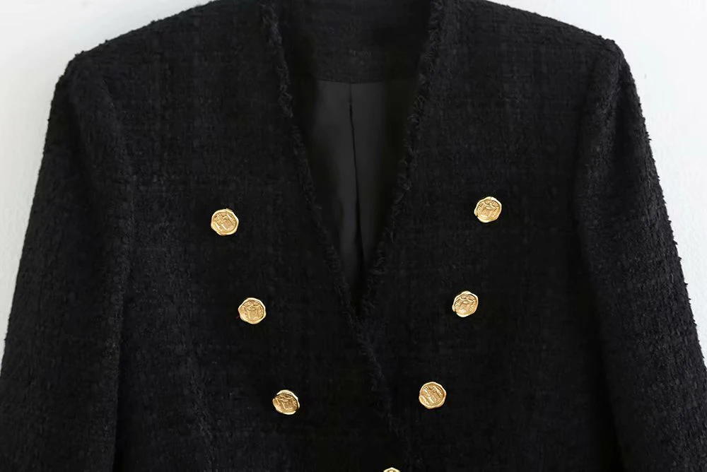 Ladyfirsy ZA шерстяной Блейзер Верхняя одежда для женщин осенний трендовый Двубортный повседневный винтажный женский твидовый костюм пальто