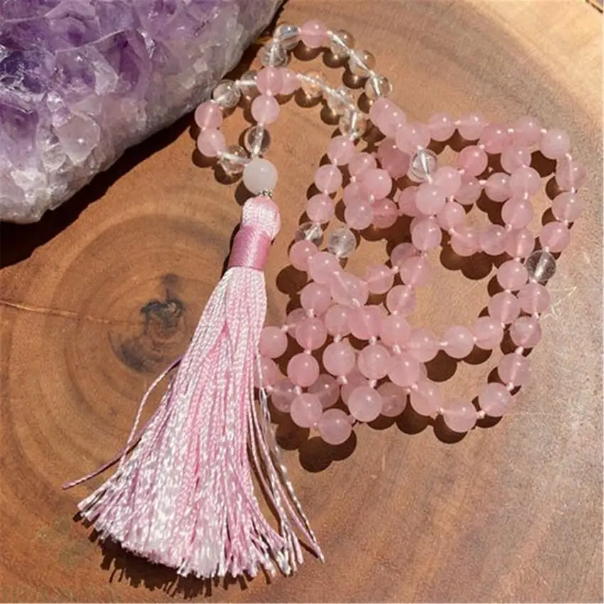 

8mm Natural Rose Quartz Gemstone 108 Beads Tassel Mala Necklace Blessing Lucky bless Religious Chakra Meditation