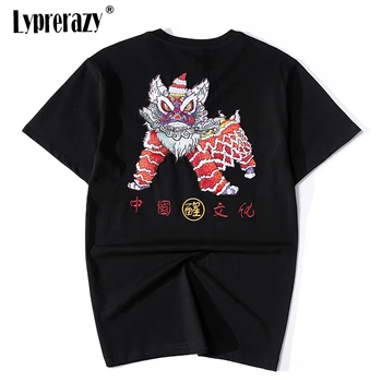 

Lyprerazy Chinese Lion Dance Classical Style Embroidery Cotton Casual Hipster Short Sleeve T Shirts Summer Streetwear Hip Hop