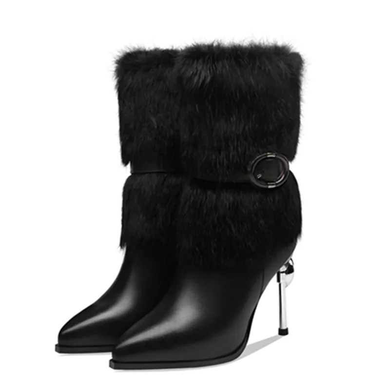 black boots Элегантные женские сапоги до середины икры из натуральной коровьей кожи; женские зимние сапоги на металлической шпильке с натуральным мехом; Новинка; botas mujer invierno - Color: black boots