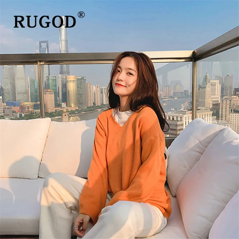 RUGOD Elegant knit sweater women Fashion v neck long sleeve pullover sweaters casual solid mutil color oversized outwear
