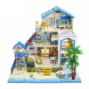 

DIY Creative Handmade Theme Wooden Cabin Assembly Building Model Toy Set With Light Romantic Flower House Free Shipping