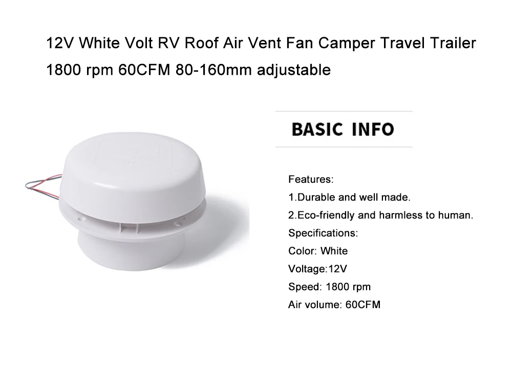 12 В Белый Вольт RV крыша воздуха вытяжной вентилятор Camper дорожный прицеп 1800 об/мин 60CFM 80-160 мм регулируемый