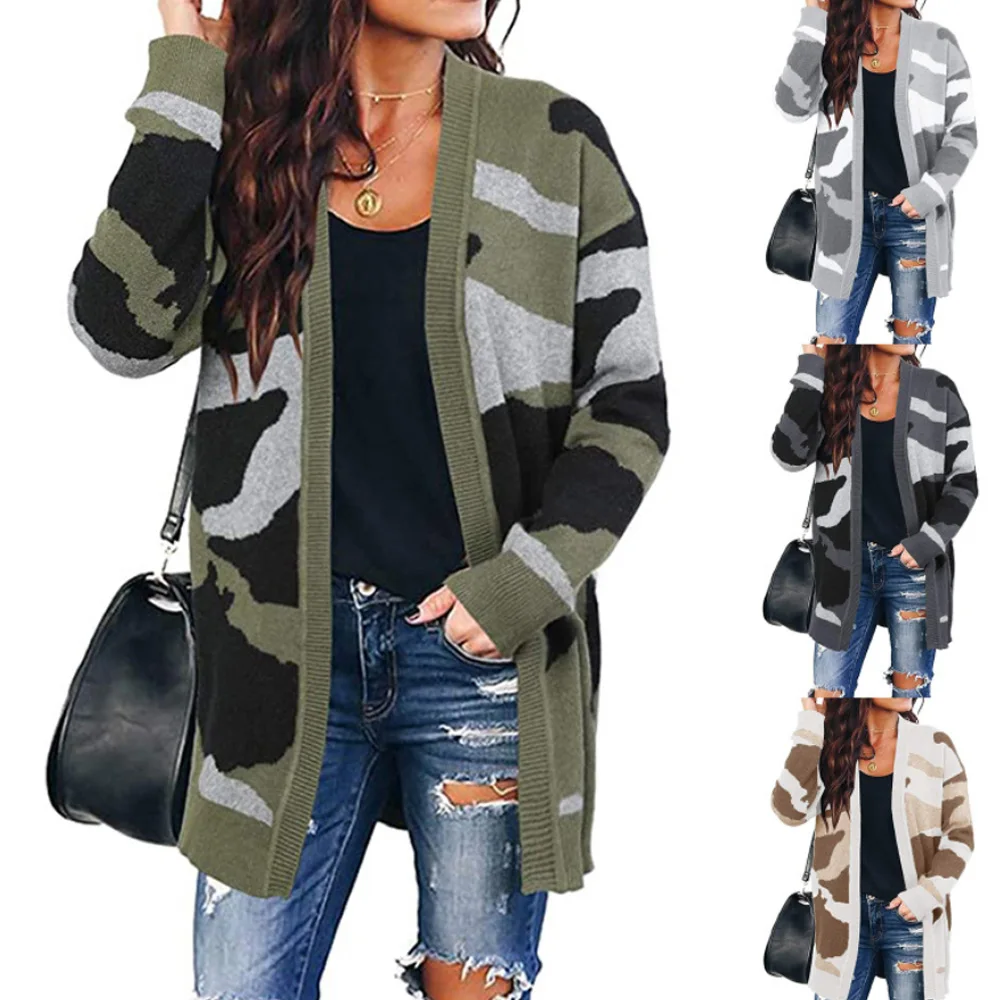 

2020 New Sweater Women's Camouflage Mid-length Knitted Cardigan Autumn and Winter Fashion Loose Plus Size Cardigan Women