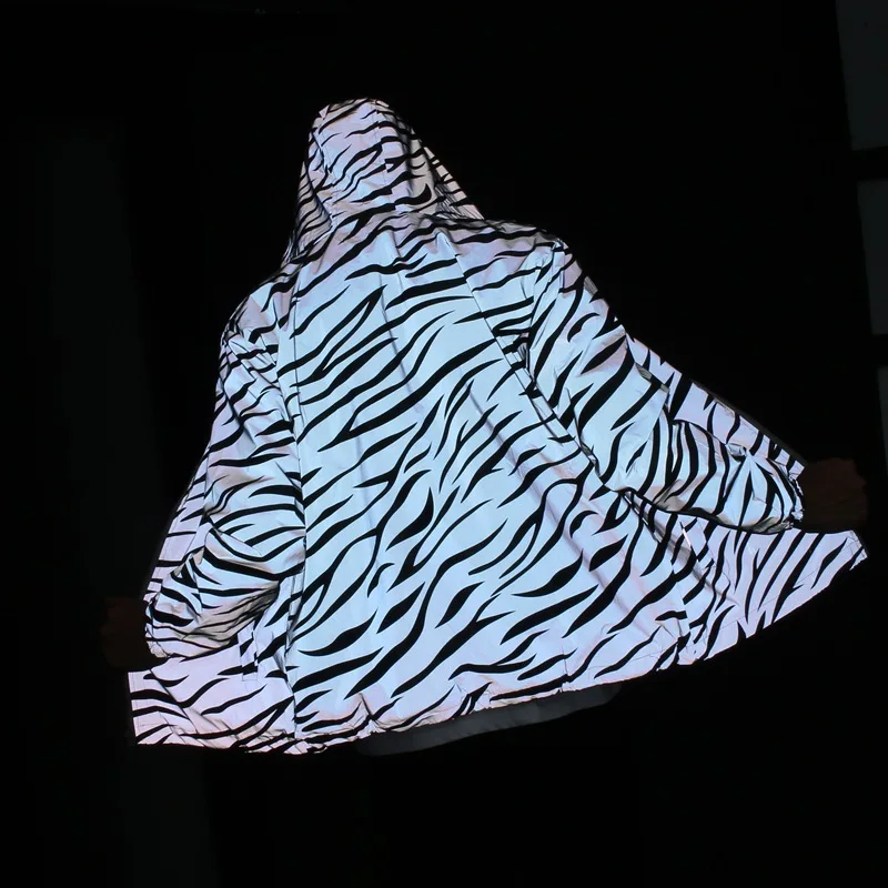 awesome  Couple Wear Women Autumn BF Style Reflective Light Luminous Zebra Pattern Stripe Hooded Jacket Hara