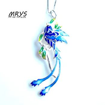 

Customized Fine Jewelry New Blue Phoenix Ethnic Cloisonne Enamel 925 sterling Silver Chain Necklace Pendant For Women Girl gift