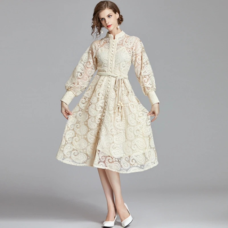 

Belted Hollow Out Lace Midi Dresses Women's Lantern Long Sleeve Female 2019 Autumn winter New Fashion Runway desigher dress
