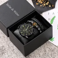 3 Stuks Horloge Bangle Met Doos Goud Romeinse Cijfers Quartz Dial Lederen Horlogeband Zwart Verstelbare Armband Gift Voor vader