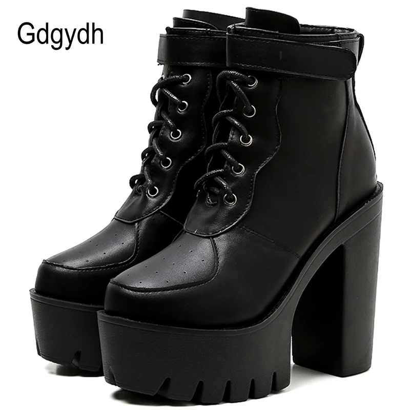 

Gdgydh 2019 Autumn Russian Women Boots Lace-up Female Ankle Boots Round Toe Platform Thick High Heel Lady Shoes Winter Hot Sales