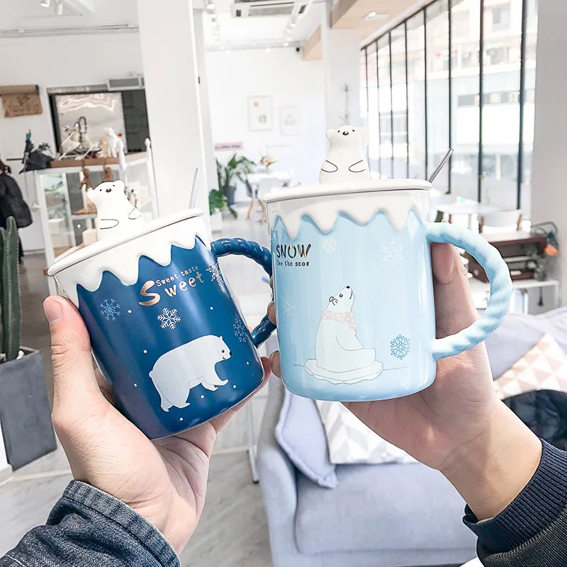 Creative bear ceramic mug cartoon mark cup coffee with lid and spoon | Дом и сад