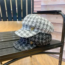 01910-yuchun Твид Осень Зима Классическая клетчатая пчела Леди восьмиугольная шляпа женский досуг берет Кепка