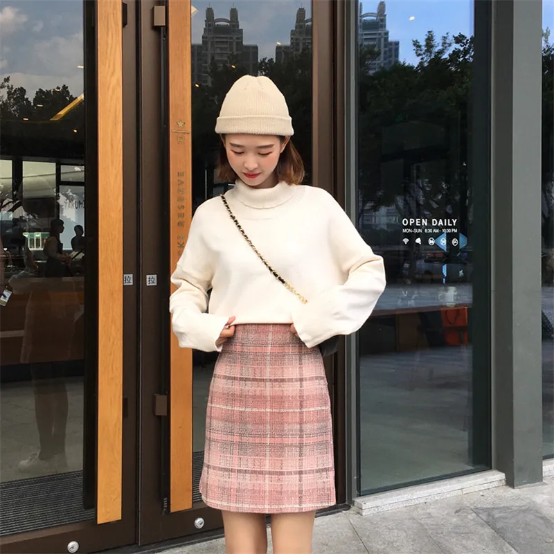 Thicken Vintage High Waist Pink Wool Autumn Winter Skirt Female Korean Sweet Mini Plaid Falda Mujer A Line School Women Skirts