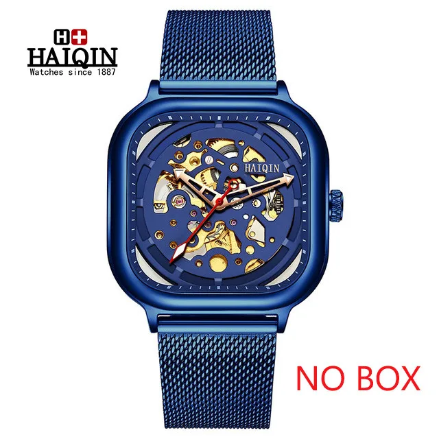 blue HAIQIN мужские часы от ведущего бренда, роскошные механические часы с полым скелетом, мужские военные спортивные Автоматические наручные часы Montre Homme+ коробка - Цвет: blue
