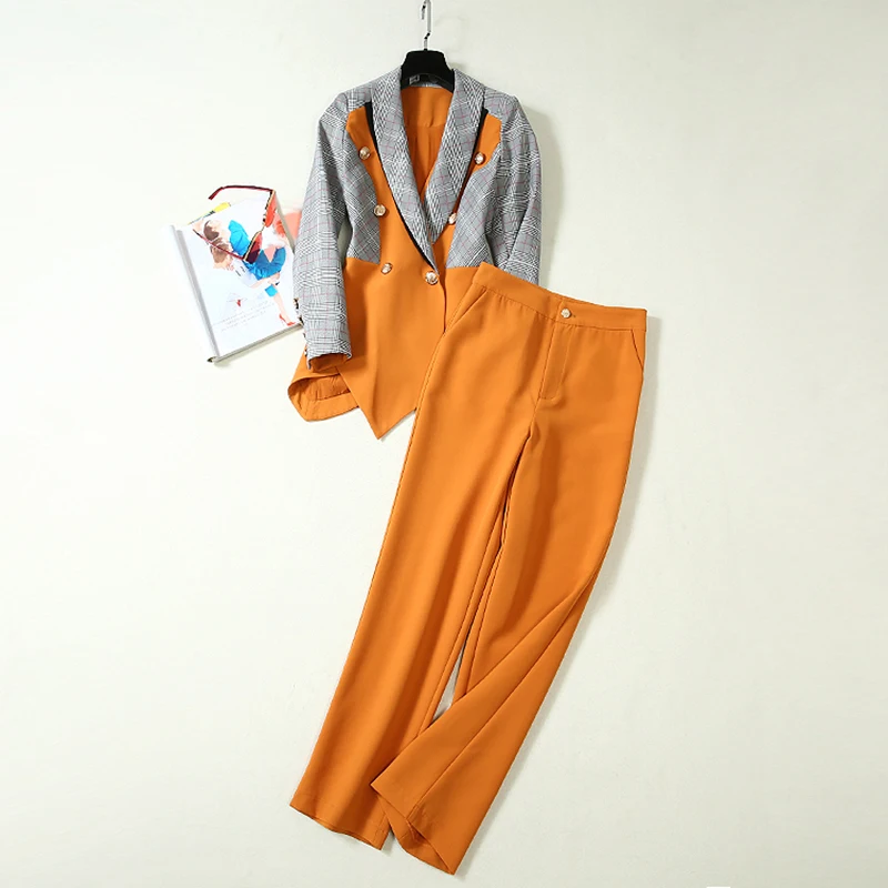 Высококачественный стильный осенне-зимний Дизайнерский Костюм, комплект женских цветов, клетчатый Плетеный Блейзер, штаны, костюм