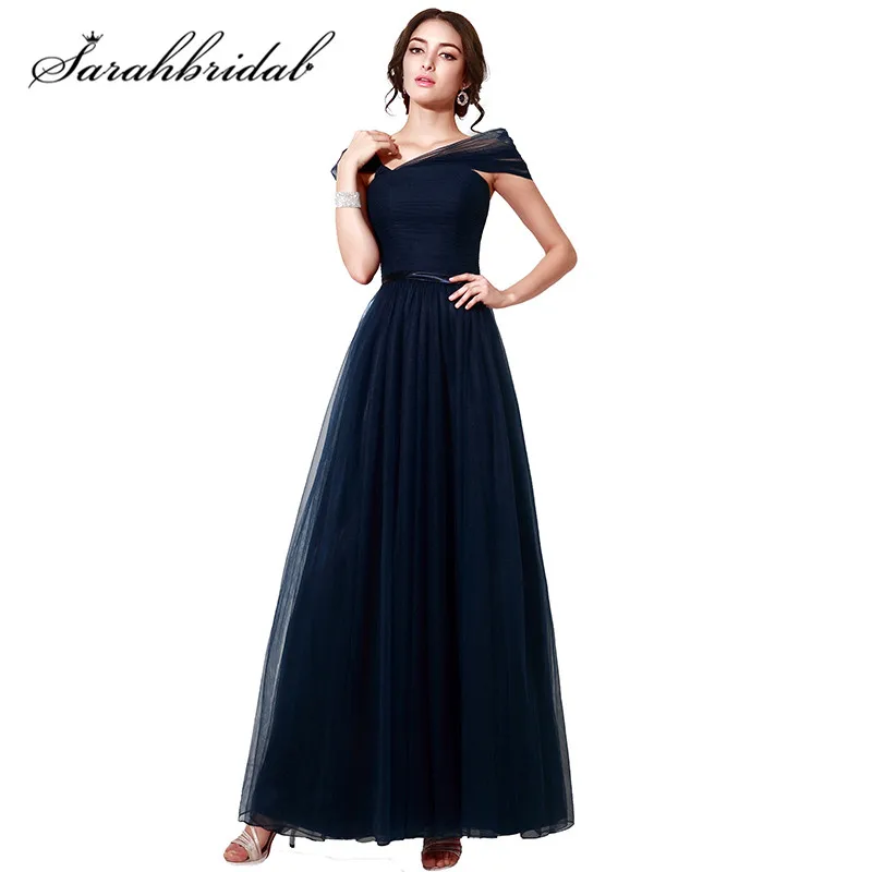 

Charming Navy Blue Evening Dresses Simple Off The Shoulder Tulle Ruched A Line Elegant Floor Length Cheap Prom Party Gowns SD208