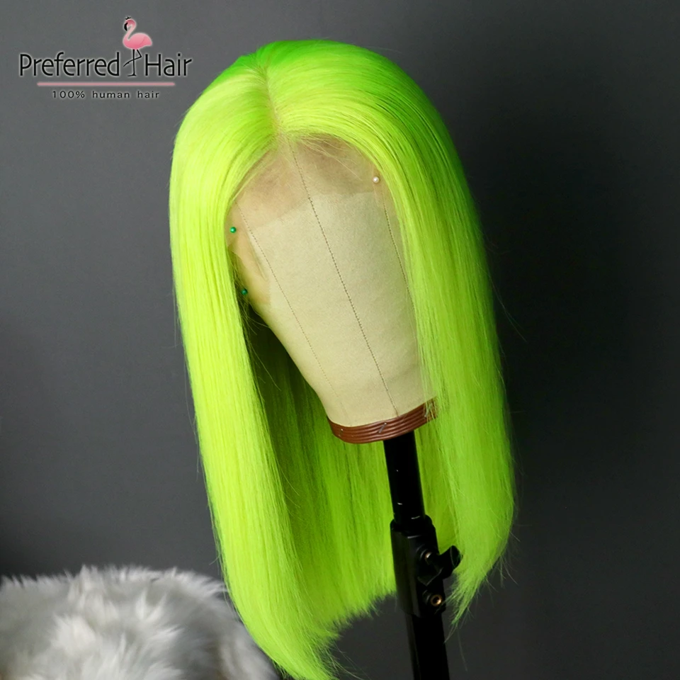 Предпочтительный Омбре человеческие волосы парик бразильский Лайм зеленый кружевной Фрон парик с детскими волосами предварительно выщипанный короткий боб парики для черных женщин