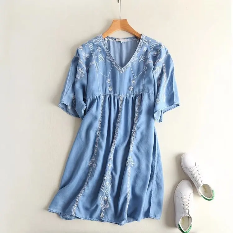 

Summer New Style Ethnic-Style Embroidered V-neck Joint Raglan Mid-length Cowboy Tencel Dress Women's Ap4493