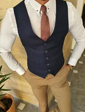 Men's 5 Button Wool Herringbone Groom Vest Formal Groom's Wear Suit for Wedding Waistcoat