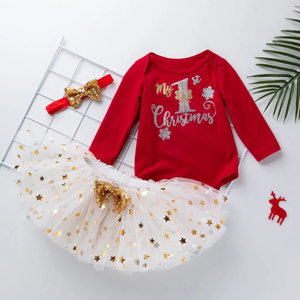 Рождественский комплект одежды из 3 предметов для маленьких девочек Комбинезон с принтом «my first christmas»+ платье-пачка+ повязка на голову, комплекты для новорожденных девочек