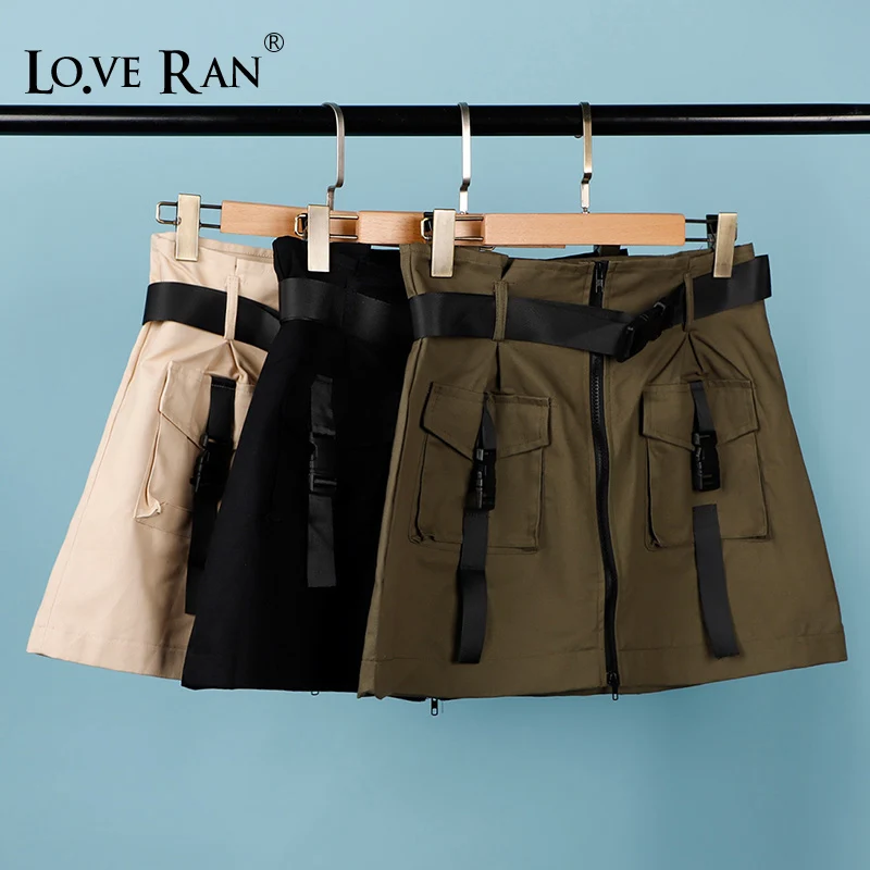 

Women's Zipper Cargo Mini Skirts Pockets Sashes Sport Ladies Short Skirt 2020 Summer Casual Black Khaki Bottom Female Streetwear